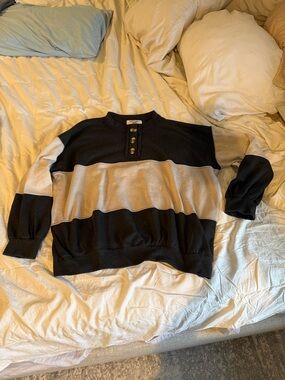 Falling love women’s Black and Beige Striped Pullover Sweater with Button Neck